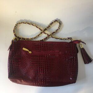 Purse Vecceli Italy Crocodile Print Handbag Gold Chain Handle Faux Burgundy Red